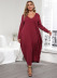 plus size V-neck loose long-sleeved double-pocket lace-up solid color dress NSOY125578