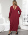 plus size V-neck loose long-sleeved double-pocket lace-up solid color dress NSOY125578