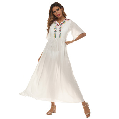 Embroidery Waist Short-sleeved Ethnic Style Long Dress NSOY125579