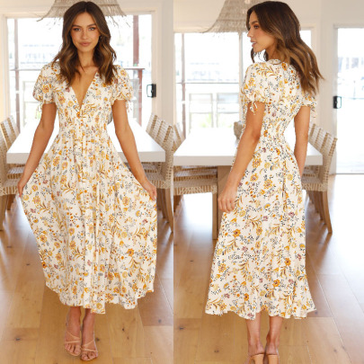 Short-sleeved Floral Printed V-neck Large Swing Dress NSHFC125582