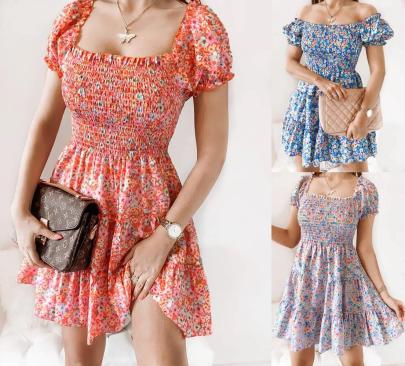 Square Neck Wrap Breast Short Sleeve Floral Print Layered Dress NSHFC125613
