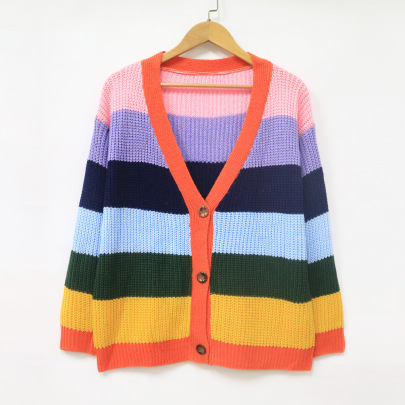 Plus Size Loose Long Sleeve Contrast Color Striped Sweater Cardigan NSOY125379