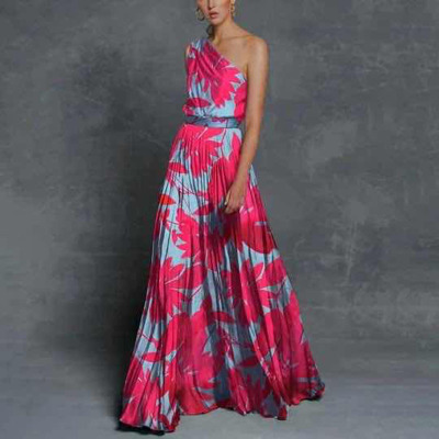 Leaf Printing Single Shoulder Stitching Dress NSFH125724