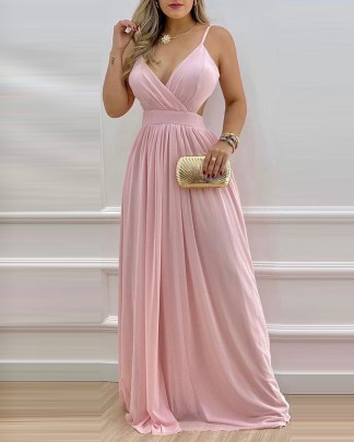 Mid-waist Solid Color Backless Straight Slip Dress NSFH125733