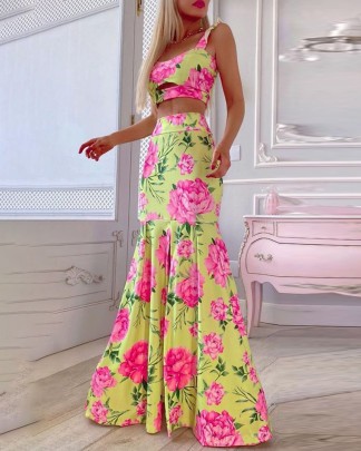 Ethnic Print Camisole High Waist Long Skirt Set Beach Wear Set NSFH125736