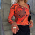 sloping shoulder abstract asymmetric printing contrast color tight-fitting long-sleeved T-shirt NSZXS125766