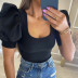 solid color low-cut round neck puff sleeves stitching slim T-shirt multicolors NSZXS125769