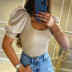 solid color low-cut round neck puff sleeves stitching slim T-shirt multicolors NSZXS125769