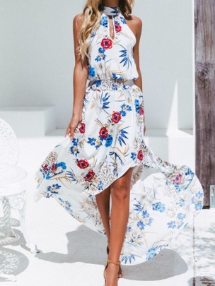 Halterneck Flower Print Waist Dress NSMFE125787