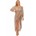 knitted one-word neck drawstring long-sleeved corset top tassel skirt bikini blouse set NSCYG125886