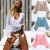 solid color trumpet sleeves tassel stitching water soluble lace loose bikini blouse NSCYG125893
