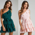 slanted shoulder sleeveless lace-up ruffle solid color dress NSFH130402