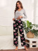 loose long-sleeved v neck floral top trouser Loungewear-Can be worn outside NSWFC130413