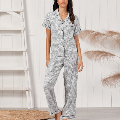 Print Short Sleeve Lapel Loose Top Trouser Loungewear-Can Be Worn Outside NSWFC130420