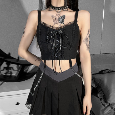 Gothic Sling Backless Stitching Chain Lace-up Solid Color Lace Vest NSGYB130463