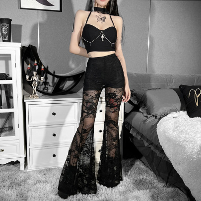 Gothic Style Mesh Hollow Pattern Lace See-through Bootcut Pants NSGYB130466