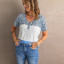 stitching short-sleeved v neck leopard print t-shirt NSSI130480