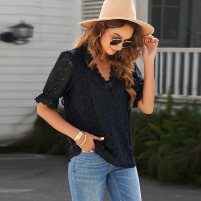 Short Sleeve V Neck Loose Solid Color Lace Top NSSI130485