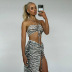 zebra print halter neck lace-up vest slit skirt two-piece set NSTNV130495