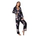 v neck loose lapel long-sleeved flower print two-piece Loungewear-Can be worn outside NSWFC130539