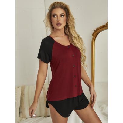Button Color Matching Loose Short-sleeved Tops Shorts Loungewear-Can Be Worn Outside NSWFC130559