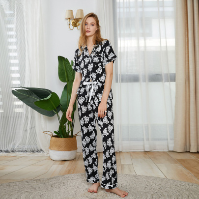 Short-sleeved Lapel Loose Flower Print Top Trousers Loungewear-Can Be Worn Outside NSWFC130564