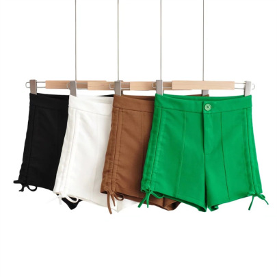 Drawstring High Waist Slim Solid Color Shorts NSFH130569