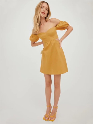 One-word Shoulder Slim High Waist Backless Puff Sleeve Solid Color Dress NSFH130577