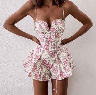 Retro Floral Printed Thin Strap Backless Jumpsuit NSFH130582