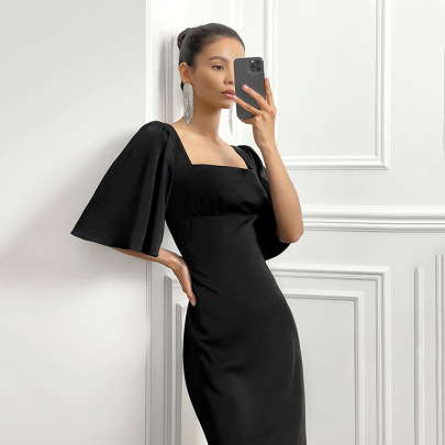 Solid Color Waist Slim Mid-length Satin Ice Silk Dress NSSQS124527