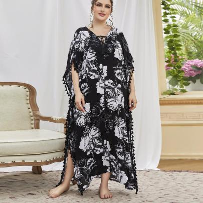 Plus Size Short-sleeved Loose Tassels Long Floral Nightgown Loungewear-Can Be Worn Outside NSWFC130409