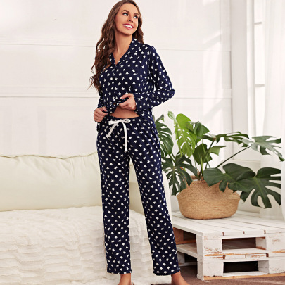 Long-sleeved Lapel Loose Stars Print Toop Trouser Loungewear-Can Be Worn Outside NSWFC130418