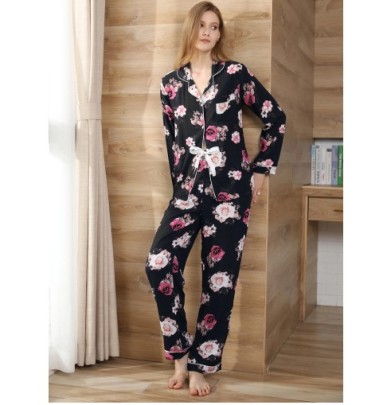 Lapel Long-sleeved Loose Floral Tops Trousers Loungewear-Can Be Worn Outside NSWFC130537