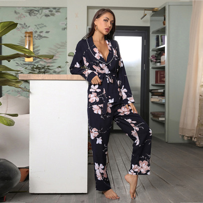 V Neck Loose Lapel Long-sleeved Flower Print Two-piece Loungewear-Can Be Worn Outside NSWFC130539