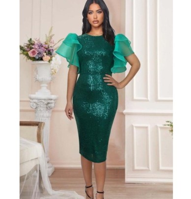 Round Neck See Through Ruffle Sleeves Slim Sequined Stretch Dress NSKNE130552