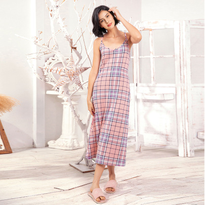 Cross Sling Backless Low-cut Loose Plaid Nightdress-Can Be Worn Outside NSWFC130561