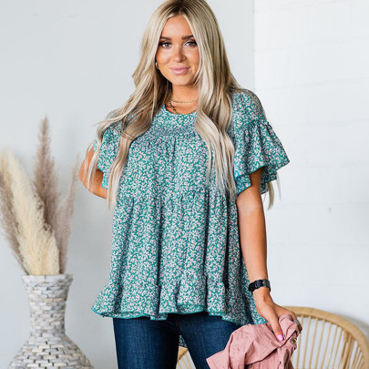 Round Neck Loose Short Sleeve Floral Chiffon Top NSSI130441
