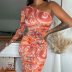 Printed Slanted Shoulder Long Sleeve Slim high waist Dress NSYID133671
