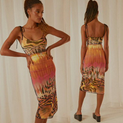 Print Lace-up Slim Backless Sling Dress NSFH130401