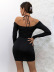 hanging neck long sleeves wrap chest hollow slim solid color dress NSDWT130652