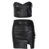 tube top hig waist slim slit solid color pu leather vest and skirt set NSTNV130677
