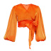 V-neck bow lantern long-sleeved lace-up solid color see-through top NSKNE130685