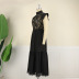 Stand Collar Sleeveless High Waist solid color Perspective Lace prom Dress NSKNE130693
