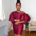 slanted shoulder lantern sleeves high waist embroidered short solid color prom dress NSKNE130700