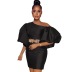 slanted shoulder lantern sleeves high waist embroidered short solid color prom dress NSKNE130700
