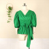 V-Neck puff Sleeve lace-up Ruffle Loose solid color Tops NSKNE130701