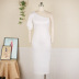 single-shoulder puff-sleeved slim slit solid color dress NSKNE130703
