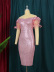 one-word shoulder puff sleeve Sequin Slim solid color prom Dress NSKNE130708