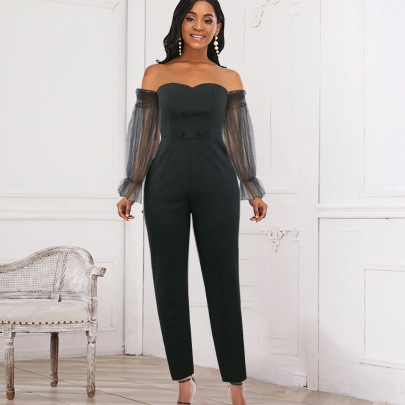 Tube Top Stitching High Waist Long Sleeve Solid Color See-through Jumpsuit NSKNE130716