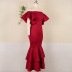 one-word shoulder ruffled sleeve slim fishtail solid color prom dress NSKNE130722